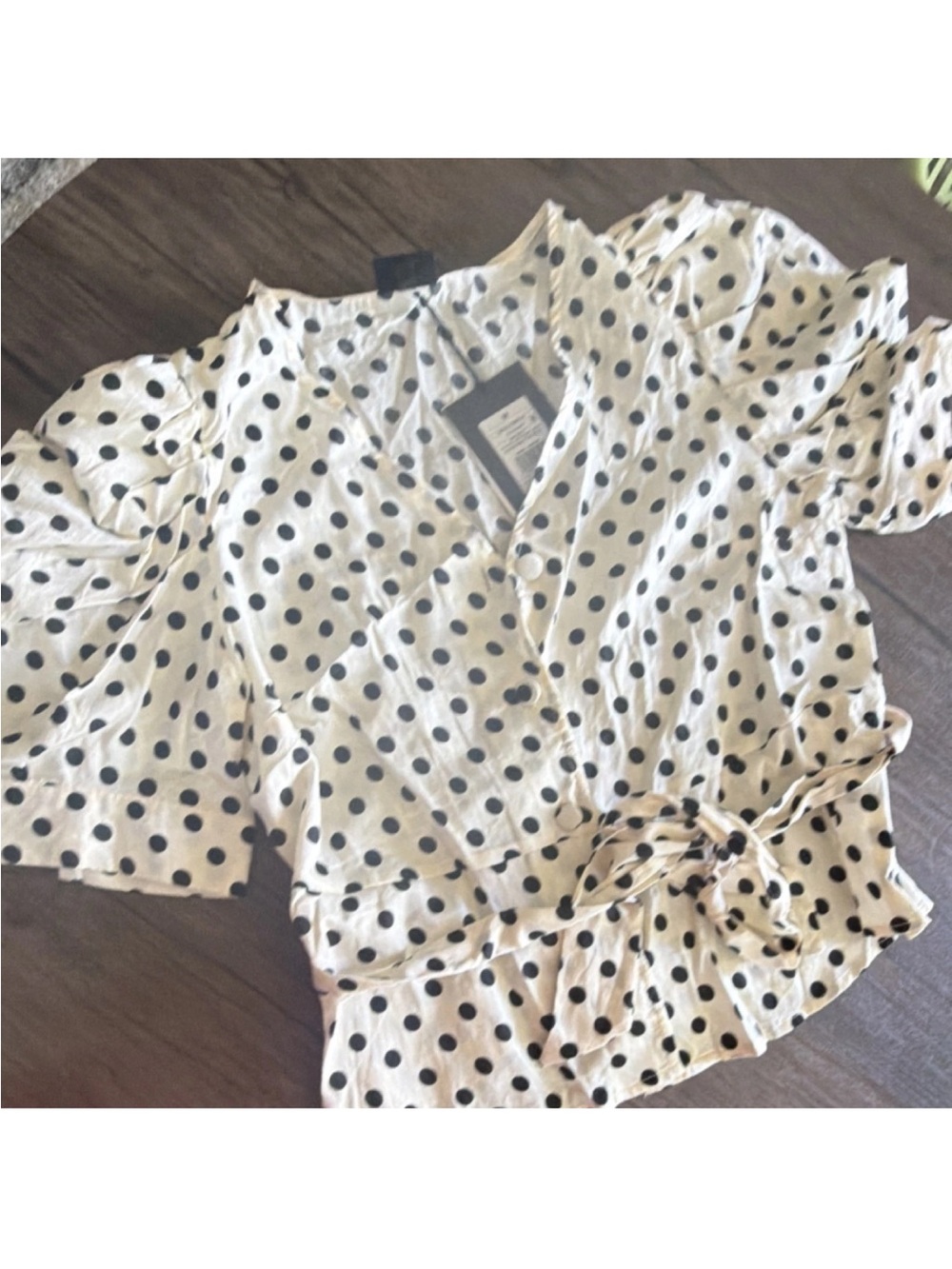 Who What Wear Black Polka Dot Wrap Blouse on Cream